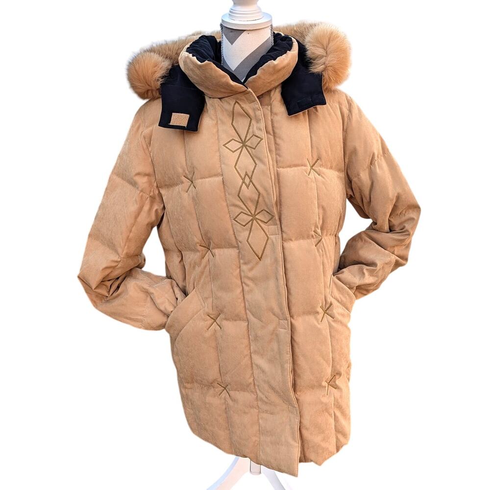 UTEX Design Down Puffer Coat Petite Medium Tan Real Fur Trim Hood Parka Warm